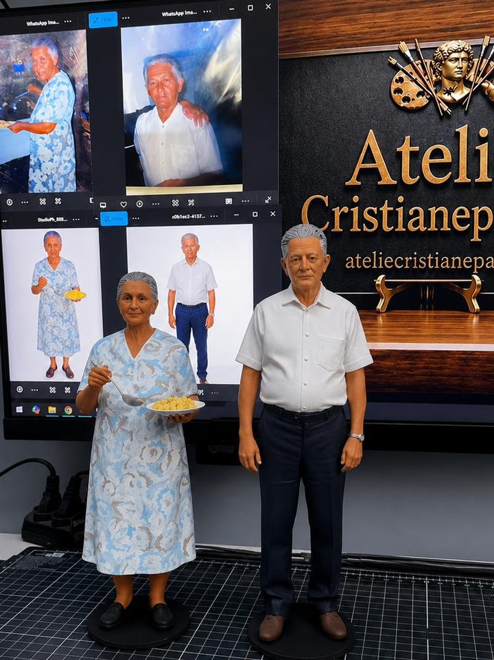 Bonecos 3D personalizados ao lado das fotos de referência usadas para escultura