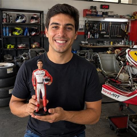 Cliente segurando sua miniatura 3D de piloto de kart com o macacão da equipe